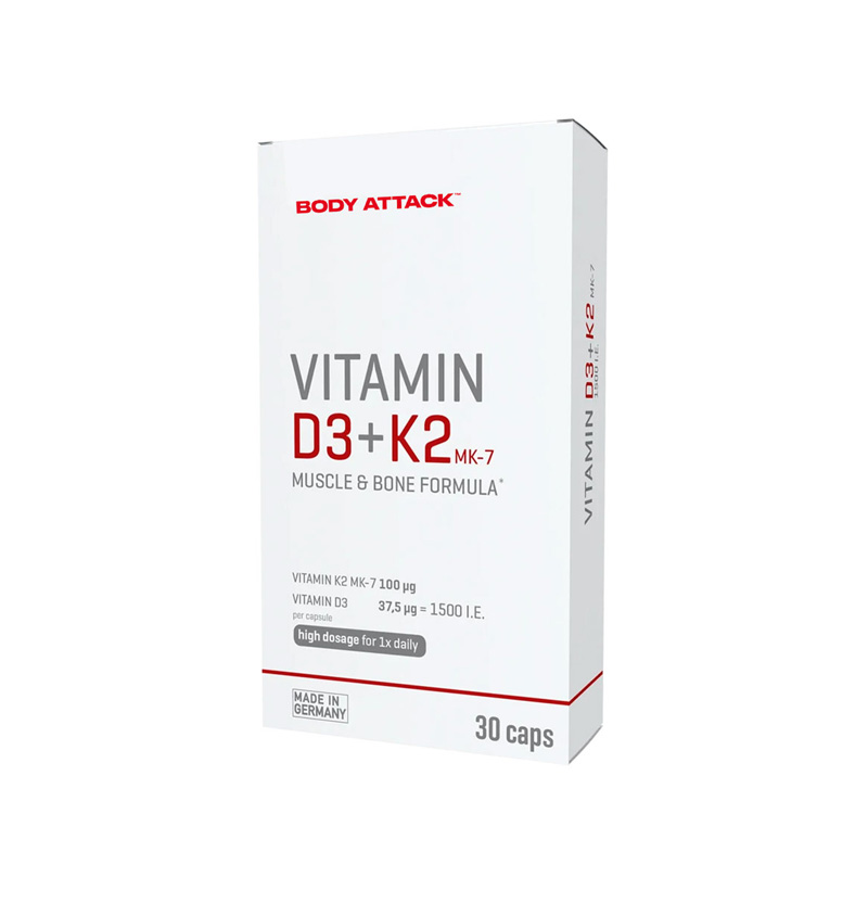 Body Attack Vitamin D3 + K2 MK-7 - Hochdosiertes, veganes Vitamin D3 + K2 MK-7 mit Depotwirkung – eine Kapsel pro Woche für die Unterstützung von Knochen, Muskeln und Immunsystem.