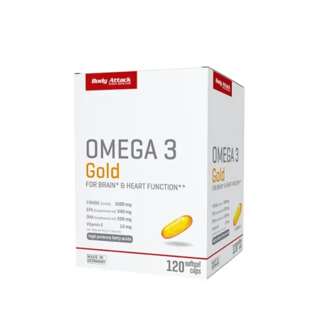 Body Attack Omega 3 Gold - Hochdosiertes Omega-3-Fischöl mit EPA, DHA und Vitamin E – ideal zur Unterstützung von Herz, Gehirn und Sehkraft. Aus nachhaltigem Wildfang, leicht dosierbar.